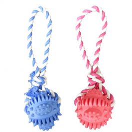 Doudele ball on rope dog toy - rubber ball for dog, fetch and chew